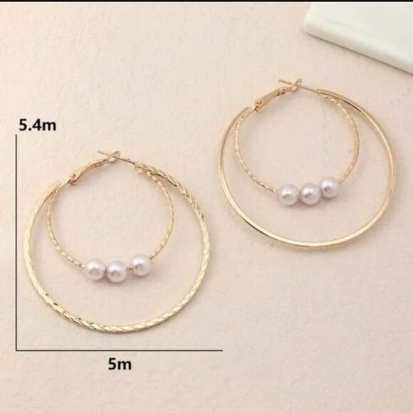 3/$25 Double Hoop Pearl Earrings Gold tone - Picture 3 of 4